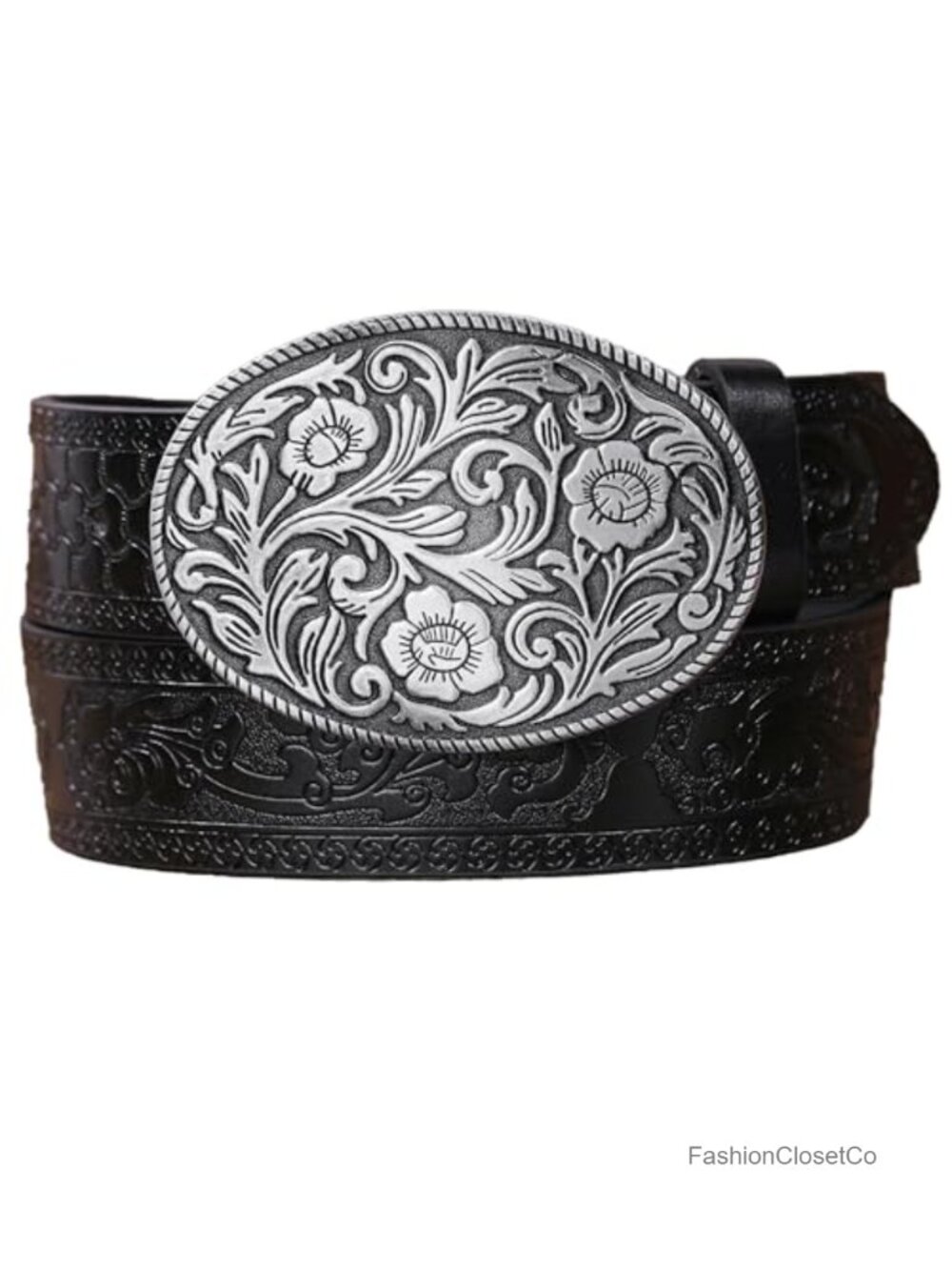 PU Leather Western Cowboy Belt Embossed Flower Buckle Adjustable